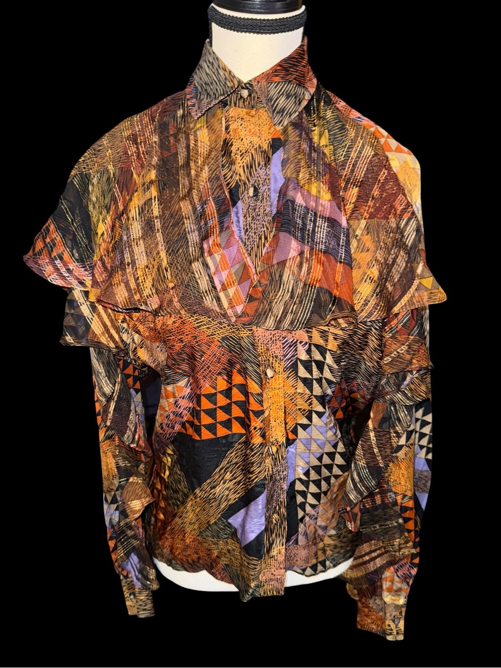 Vintage 80s 100% Silk Blouse Size 4 Abstract Geometric Cape Sleeve Statement Top